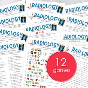 Puede incluir: Un conjunto de 12 juegos con temática de radiología, que incluyen búsquedas de palabras y juegos de ortografía. Cada hoja de juego presenta un diseño azul y blanco con la palabra "RADIOLOGÍA" y un gráfico de latido cardíaco rojo. Un círculo rojo muestra "12 juegos".