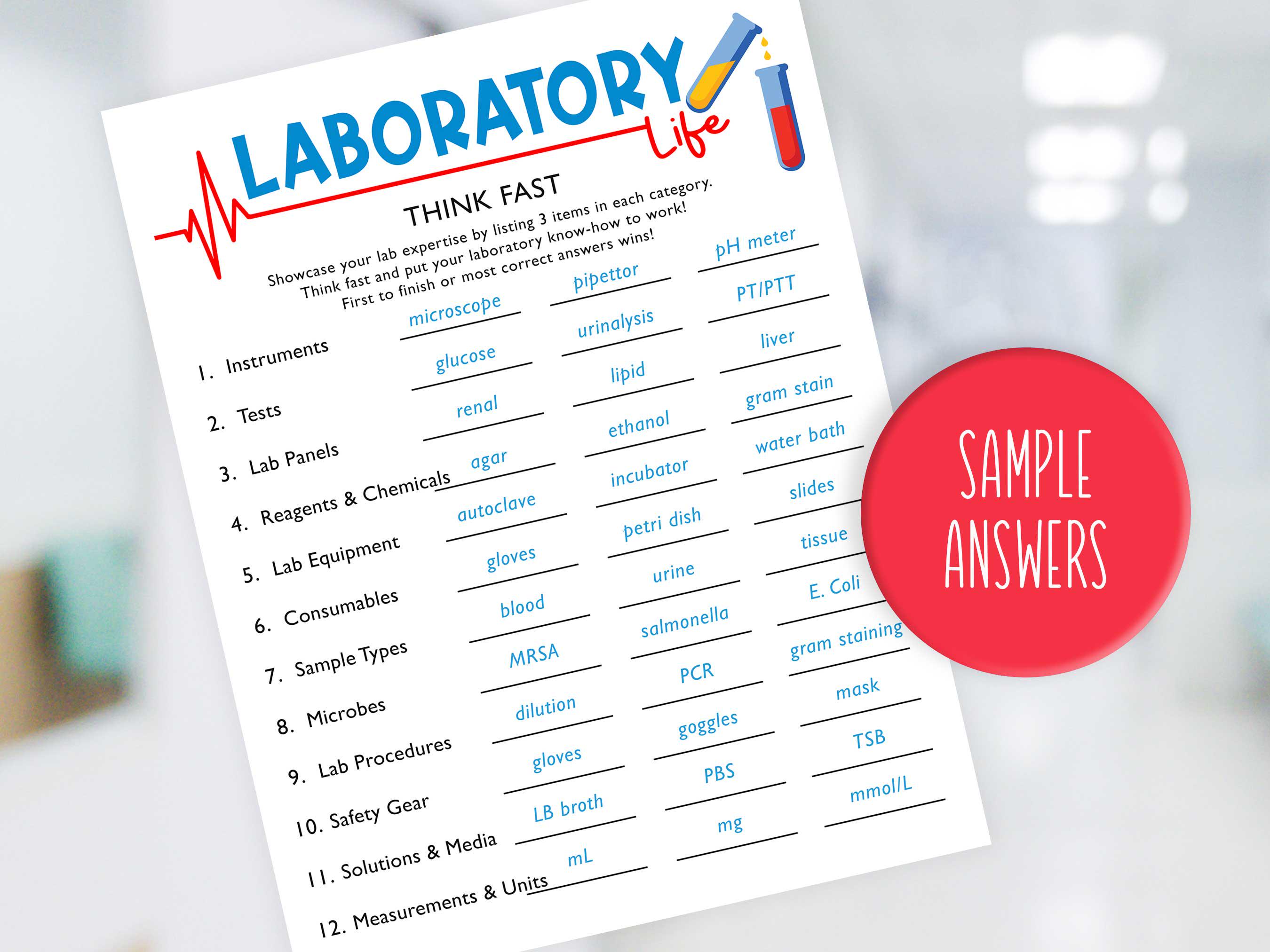 Think Fast Lab Game | Lab Week | Lab Appreciation | Fun Printable Game ...