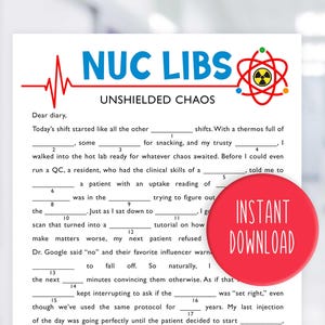 May include: A printable NUC LIBS game with the title "UNSHIELDED CHAOS" in blue and red. The game features fill-in-the-blank prompts and a red circle with "INSTANT DOWNLOAD" in white text.