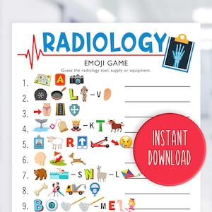 May include: A white sheet with the word "RADIOLOGY" in blue, a red heartbeat line, and an emoji game. The game includes illustrations and fill-in-the-blank lines. A red circle with "INSTANT DOWNLOAD" is on the right.