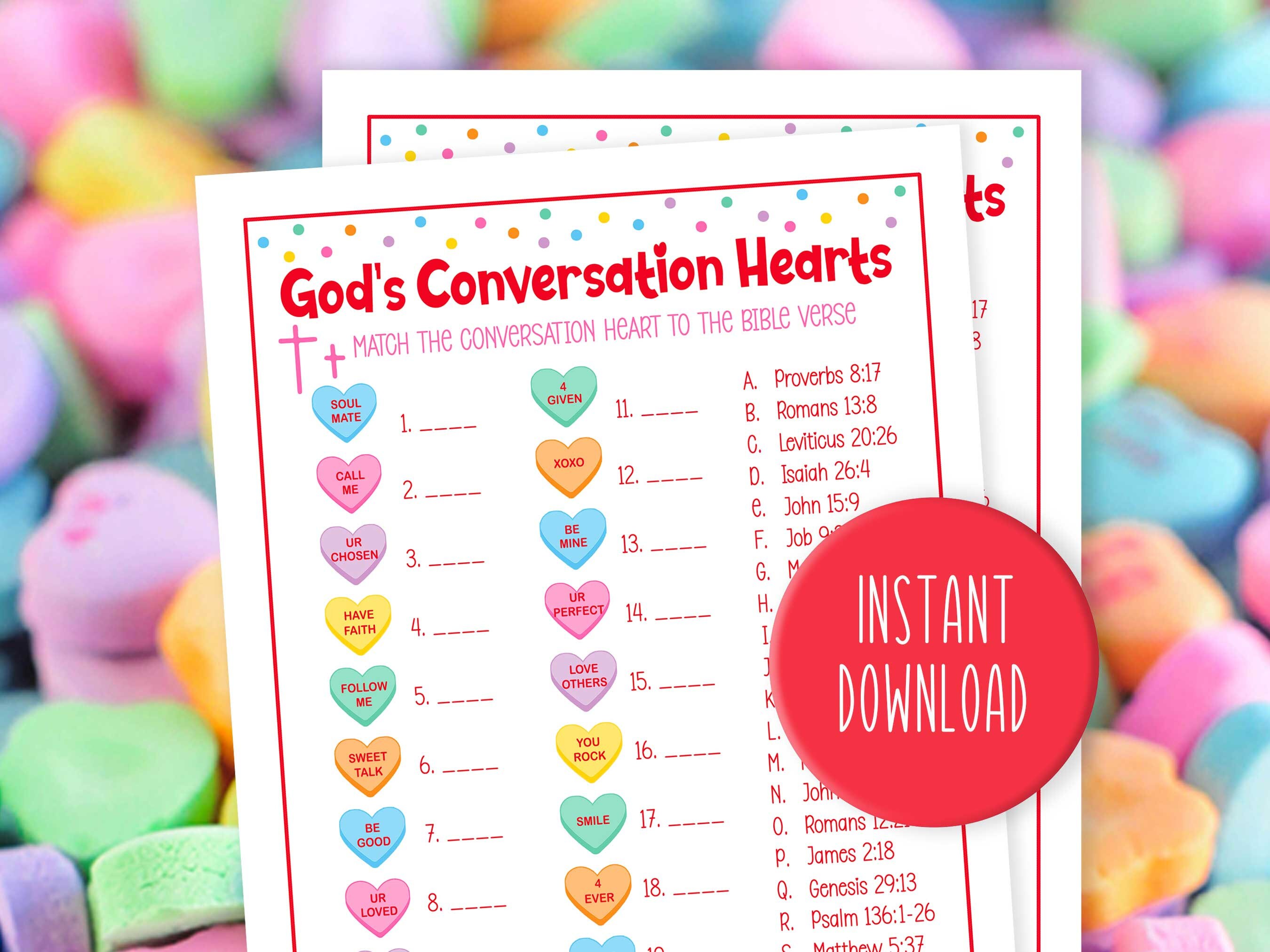 God's Conversation Hearts Bible Match Game Valentine Heart Candy Game ...