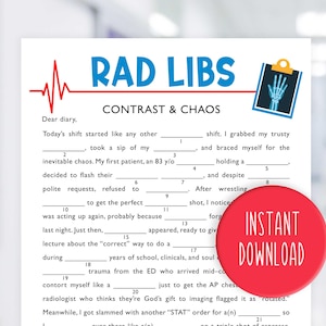 Puede incluir: Un juego imprimible de Rad Libs titulado "Contrast & Chaos" con indicaciones para completar. El diseño presenta una combinación de colores rojo y azul con un tema médico, que incluye una línea de ECG y una imagen de rayos X. También hay un círculo rojo con el texto "Descarga instantánea".