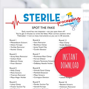 Puede incluir: Un póster blanco con el título "STERILE processing" y el texto "SPOT THE FAKE". Un círculo rojo con "INSTANT DOWNLOAD" es visible. El póster enumera instrumentos quirúrgicos en rondas.
