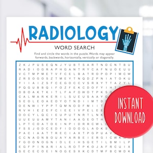 May include: A Radiology word search puzzle with a blue title and a red heartbeat graphic. The words are in a grid, and a red circle with "INSTANT DOWNLOAD" is on the right.