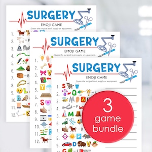 May include: Three printed game sheets with the title "SURGERY EMOJI GAME" and a red circle that says "3 game bundle". Each sheet has a series of emojis and blanks to guess the surgical tool, supply, or equipment.