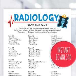 Könnte beinhalten: Ein weißes, bedruckbares Spielblatt mit dem Titel "Radiologie Spot the Fake" mit einem roten und blauen Design. Das Blatt enthält eine Liste von Begriffen aus dem Bereich der Radiologie und einen roten Button "Sofort-Download".