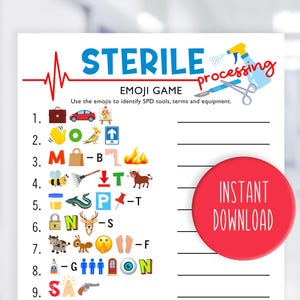 May include: A white printable game sheet with the title "STERILE EMOJI GAME" in blue. The game uses emojis to identify SPD tools, terms, and equipment. A red circle with "INSTANT DOWNLOAD" is on the right side.