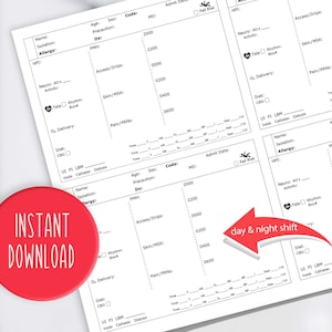 May include: A black and white medical chart form with the words "day & night shift" written in red. The form has sections for patient information, vital signs, and medications.