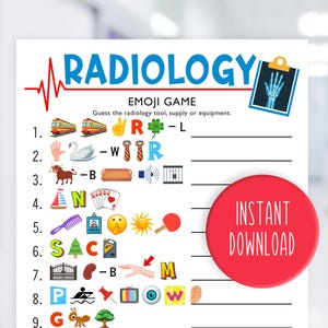 Puede incluir: Una hoja imprimible blanca con la palabra "RADIOLOGÍA" en azul y una línea roja de latidos cardíacos. Presenta un juego de emojis con pistas para adivinar herramientas, suministros o equipos de radiología. Un círculo rojo con "DESCARGA INSTANTÁNEA" está a la derecha.