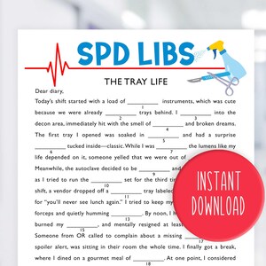 Peut inclure: Une feuille de papier blanche avec le titre "SPD LIBS" en bleu et rouge, avec des phrases à compléter sur un cadre médical. Un cercle rouge avec "TÉLÉCHARGEMENT INSTANTANÉ" est à droite.