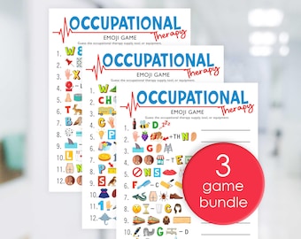 Può includere: Tre fogli di gioco stampati per il gioco Emoji di Terapia Occupazionale. I fogli hanno un design blu e rosso con le parole "Terapia Occupazionale" e "Gioco Emoji". Un cerchio rosso con il testo "3 giochi in bundle" è a destra.