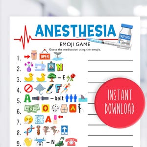 Op de afbeelding: Een witte, bedrukbare spelkaart met het woord "ANESTHESIA" in blauw, een rode hartslaglijn en een spuitenillustratie. Het spel gebruikt emoji's om medicijnen te raden. Een rode cirkel met "INSTANT DOWNLOAD" staat rechts.