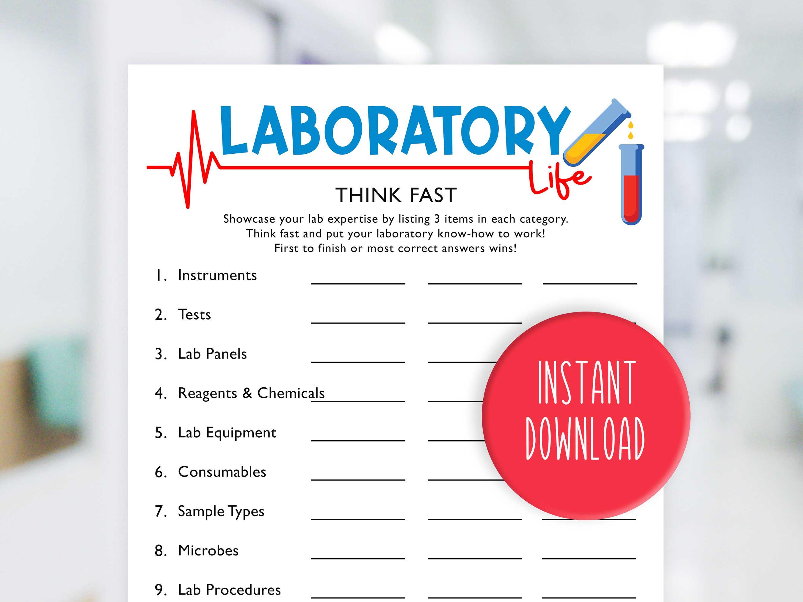 Think Fast Lab Game | Lab Week | Lab Appreciation | Fun Printable Game ...
