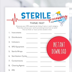 May include: A white printable game sheet with the words "STERILE processing" in blue and red. The sheet includes categories such as Instruments, Disinfectants, and Sterilization Cycles. A red circle with "INSTANT DOWNLOAD" is on the right.