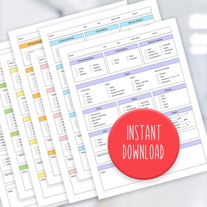 May include: A set of printable medical assessment forms with sections for consciousness, orientation, mental status, eyes, nose, ears, mouth, and vitals. The forms are in various pastel colours and have checkboxes for recording patient information. The text "INSTANT DOWNLOAD" is in a red circle.