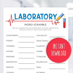 Puede incluir: Una hoja de juego imprimible en blanco de Laboratory Life Word Scramble con un gráfico rojo y azul. La hoja incluye un rompecabezas de búsqueda de palabras con líneas en blanco para las respuestas y un círculo rojo con el texto "Descarga instantánea".