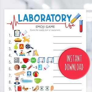 Puede incluir: Un juego de emojis de laboratorio imprimible con el texto "Descarga instantánea" en un círculo rojo. El juego presenta emojis que representan suministros y equipos de laboratorio, con líneas para respuestas. El título es azul.