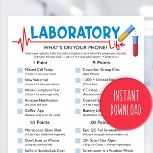 Puede incluir: Una hoja de juego imprimible blanca titulada "Laboratory Life: What's on Your Phone?" con un gráfico rojo y azul. La hoja incluye categorías basadas en puntos como "Missed Call Today" y "Coworker Group Chat". Un círculo rojo con "Descarga instantánea" está a la derecha.