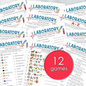May include: A collection of 12 educational games with a laboratory theme. Each white card features a different game, such as "Word Wizard" and "Emoji Game," with blue and red accents. A red circle displays "12 games."
