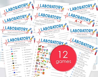 May include: A collection of 12 educational games with a laboratory theme. Each white card features a different game, such as "Word Wizard" and "Emoji Game," with blue and red accents. A red circle displays "12 games."
