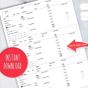 May include: A black and white printable medical chart form with the words "day & night shift" written in red. The form includes sections for patient information, allergies, vital signs, and medications.