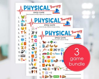 May include: Three printable physical therapy emoji game cards. Each card has a title "Physical Therapy Emoji Game" and a list of emojis with numbers 1 through 12. The text below the emojis says "Guess the type of physical therapy supply, tool, or equipment".