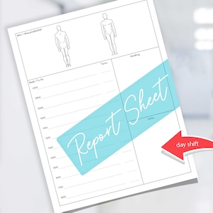 K&ouml;nnte beinhalten: Ein druckbares Berichtsblatt f&uuml;r medizinisches Fachpersonal. Das Blatt enth&auml;lt einen Abschnitt f&uuml;r "Meds / To Do", "Skin / Musculoskeletal", "Turns", "Feeding" und "Notes". Das Blatt ist mit "Report Sheet" beschriftet und hat ein blaues und wei&szlig;es Farbschema.