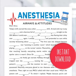 Könnte beinhalten: Ein weißes, druckbares Mad Libs-Spiel mit dem Titel "Anästhesie: Atemwege & Einstellungen" mit blauem und rotem Text. Das Spiel enthält Lückentexte und einen roten Kreis mit dem Text "Sofort-Download".