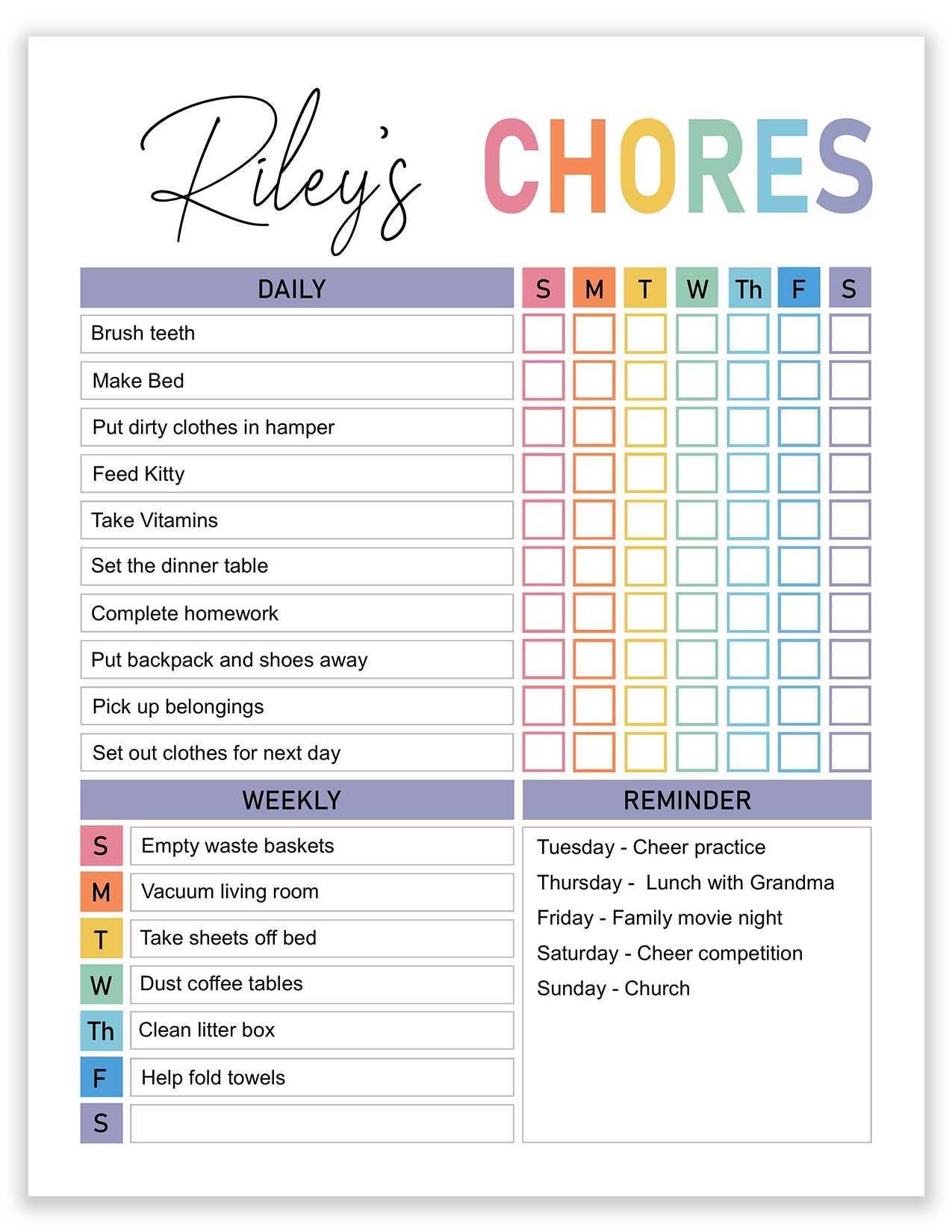 Kids Weekly Chore Chart Kids Daily Chore Chart Kids Chore Etsy