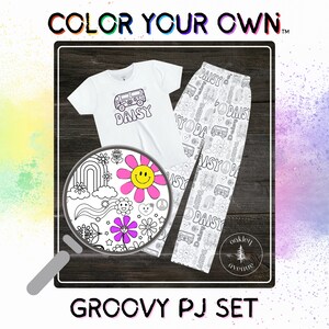 Groovy Color Your Own Pajama Set, Retro PJ Bottoms, Adult Pajamas, Youth Leggings, Teen Gift, Birthday Activity, Color On Pillowcase