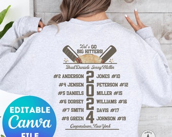 Könnte beinhalten: Ein graues Sweatshirt mit einem Baseball-Motiv. Das Design zeigt zwei gekreuzte Baseballschläger, einen Baseball und den Text "Let's GO BIG HITTERS!" Der Text "Brad Daniels Sonny Miller" befindet sich unter den Schlägern. Die Zahlen 2024 sind in großer Schrift mit den Namen und Nummern der Spieler darunter aufgelistet. Der Text "Cooperstown, New York" befindet sich am unteren Rand des Designs.