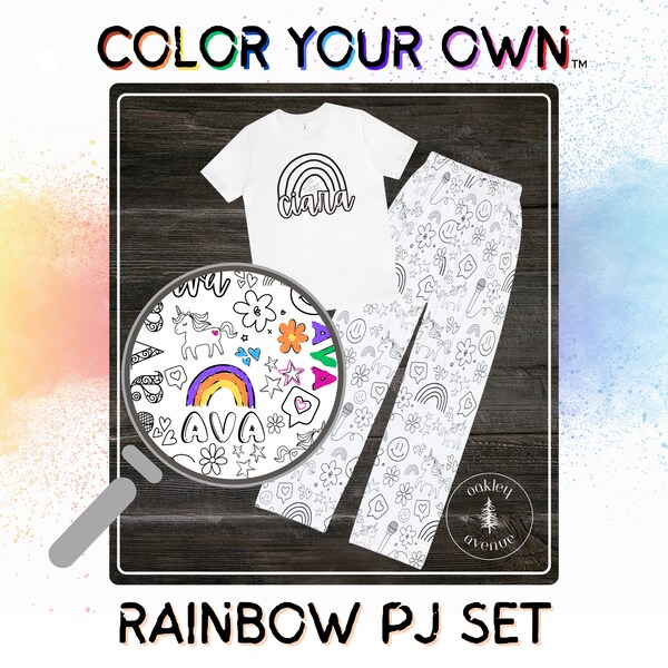 Rainbow color your own pajama set, fun birthday present, custom pjs, youth pajama, pajamas with name, personalized pajamas, color your own