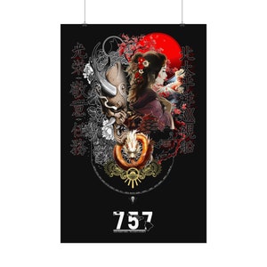 May include: A black and white illustration of a Japanese woman with a red background. The woman is wearing a traditional kimono and has a red flower in her hair. The illustration is surrounded by Japanese characters and symbols. The number 757 is printed at the bottom of the illustration.