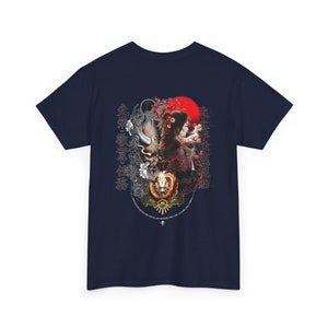 May include: Navy blue t-shirt with a graphic print of a woman with a red flower in her hair, a dragon, and Japanese characters. The characters read "九 戒 忍 悟 禅 諦".