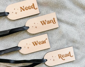 Something to Read, Need, Want, Wear Tags, Christmas Gift Tags, Reusable Gift Tags, Christmas Gifts, Stocking Tags, Wood Gift Tags