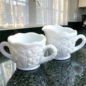 Vintage McKee Toltec Milk Glass Sugar Bowl & Creamer Set, 1930s Depression Glass Two Handled Open Sugar and Pitcher – Free Shipping