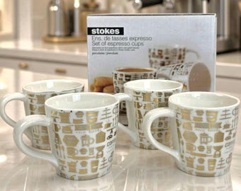Stokes Café Doré Set of 4 Porcelain Espresso Cups - 3 oz - Gold Coffee Pattern Demitasse - 2.5" Tall - New in Box - Free Shipping
