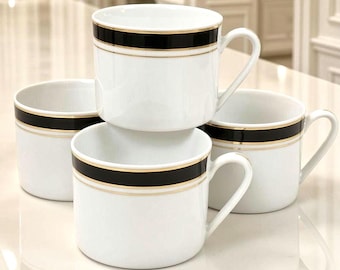 Vintage Set of 4 Crown Porcelain Prestige Espresso Coffee Cups, Black & Gold Trim Porcelain Demitasse 6 oz Mugs, Mint, Free Shipping
