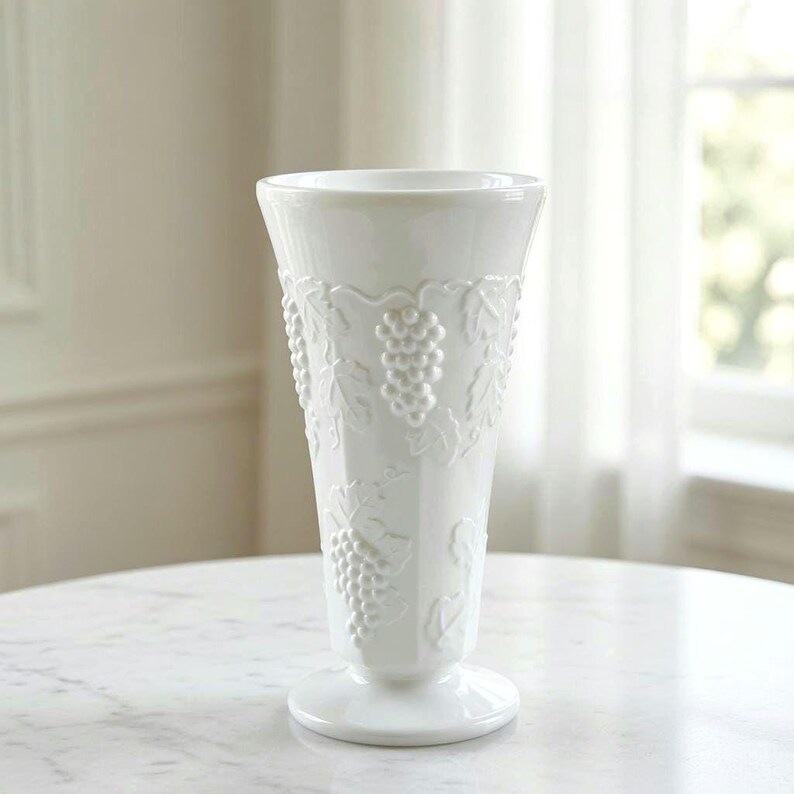 May include: A white ceramic vase with a flared rim and a pedestal base. The exterior surface features a raised, embossed pattern of grape clusters and vine leaves that wrap around the body of the vessel, creating a textured, monochromatic design.
