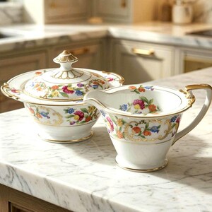 Creamer & Sugar Set – Vintage Floral Porcelain – 1950s Dresden-Style FIELD Japan – Coffee-Bar – Free Shipping