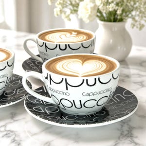 May include: Two white ceramic cups and saucers featuring black text that reads "Cappuccino" in a repeating pattern. Each cup is filled with coffee topped with latte art, one displaying a heart shape and the other a leaf design.