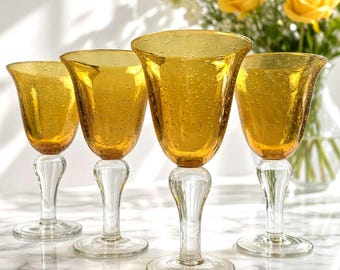 Vintage Artland Iris Amber Hand-Blown Seeded Bubble Glass Goblets, Set of 4 Tall Heavy Wine Water Stemware Art Glass