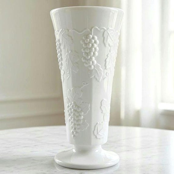 Vintage White Milk Glass Vase, Embossed Grapevine Pattern, Pedestal Flower Display