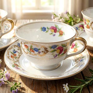 May include: A white porcelain teacup and saucer set featuring a delicate floral pattern with pink, blue, and orange blossoms, accented by intricate gold filigree scrollwork along the rim and handle, set against a soft, natural light background.