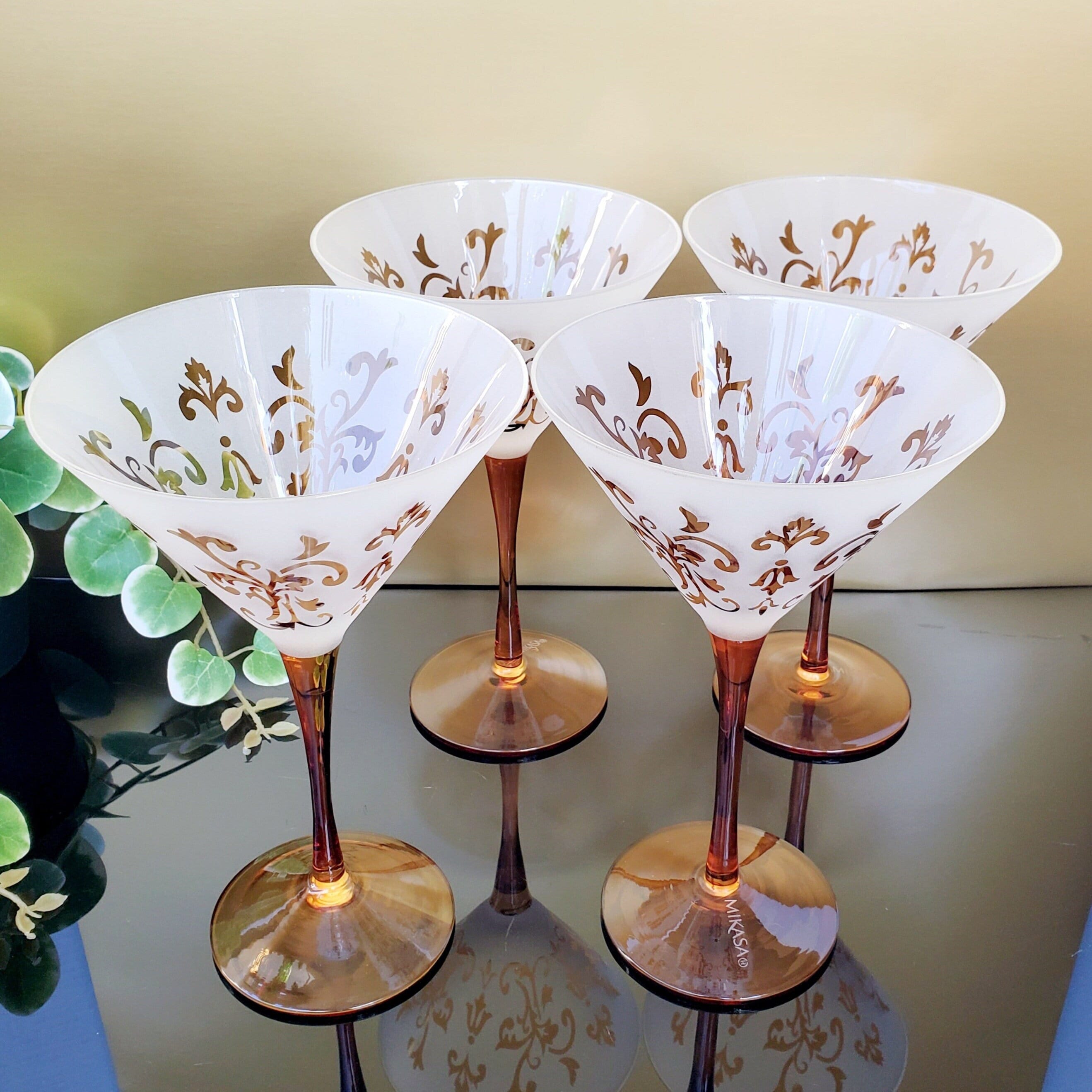 Vintage Mikasa Martini Glasses, Cocktail Barware, Amber-gold/brown &  Frosted in Artistry Pattern, 8 Tall, Set of 4, Free Shipping 