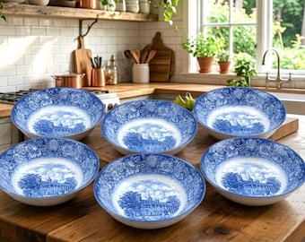 Vintage Liberty Blue Coupe Salad Soup Cereal Bowls – Set of 6 – Mount Vernon – Enoch Wedgwood Staffordshire Ironstone England