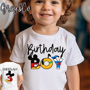 Mickey Birthday shirt, Birthday Boy Tshirt, Personalized name and age on back, Mouse Birthday Boy Shirt