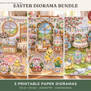Könnte beinhalten: Eine digitale Illustration eines Oster-Diorama-Pakets mit drei druckbaren Papierszenen. Die Bilder zeigen farbenfrohe Bäckerei-, Kunstatelier- und Gartenszenen mit Hasen, Küken, verzierten Eiern, Blumen und festlichen Wimpelketten.