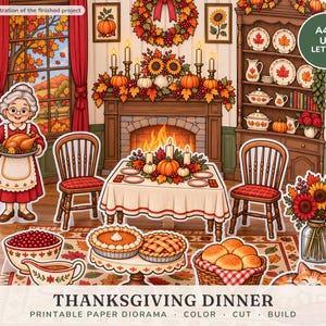 Könnte beinhalten: Ein druckbares Papier-Diorama mit dem Titel THANKSGIVING DINNER, das eine Großmutter mit einem Truthahn, einen Esstisch mit Tischschmuck, Stühle, einen Kamin, ein Geschirrregal und einen Korb mit Brötchen auf einem Teppich zeigt.