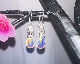 Zelda Tears of The Kingdom Inspired Earrings, Holographic, Tear Drop, Sterling Silver Chainmail, Zelda Cosplay, Zelda TOTK, Hypoallergenic
